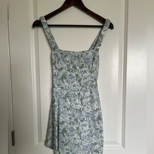 Abercrombie Square Neck Linen Skort Romper Dress Open Back Blue Floral Small